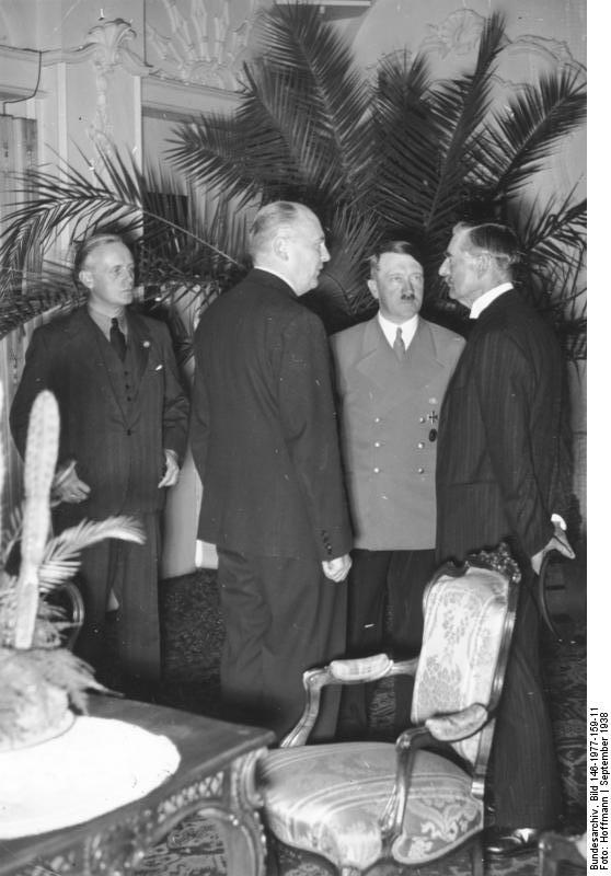 Joachim von Ribbentrop, Adolf  Hitler, and Neville Chamberlain during the diplomatic meeting in Bad Godesberg